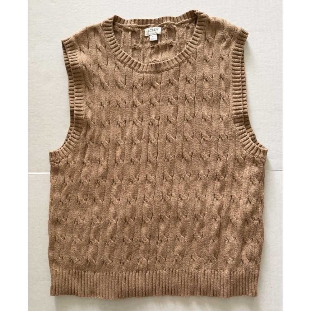 J Crew Women’s Tan Cable Knit Sweater Vest L 100% Cotton Preppy 90s Grandpacore